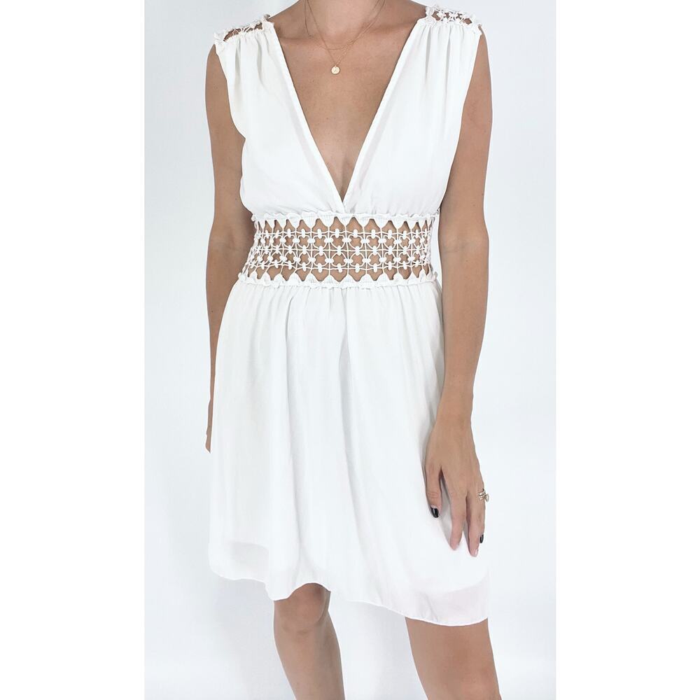 Charlotte Russe White V-Neck Midi Crochet Waist Flowy Boho Dress Medium